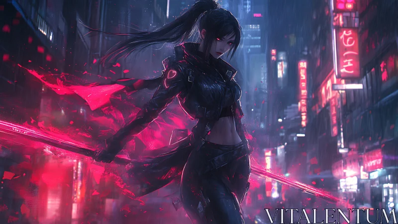 Neon blade huntress cleaves rainlit cyberpunk midnight streets.