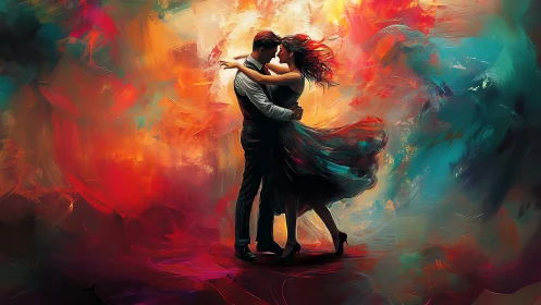 Two figures kissing within abstract expressionist colored field