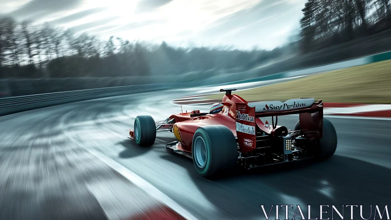 Red Formula race car accelerating through a fast circuit.