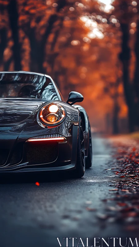 Sports coupe front view occupies wet forest roadway