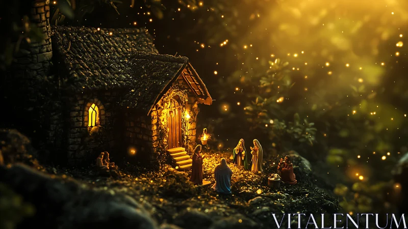 Miniature stone cottage nativity under golden bokeh lights