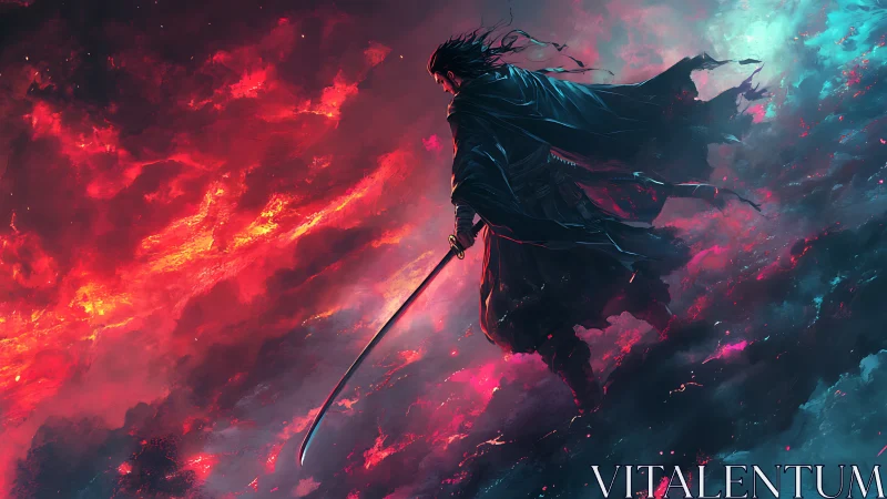 Stormlit katana warrior in bifurcated red cyan nebular sky
