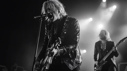 Electric rock vocalist in dramatic monochrome spotlight performance.