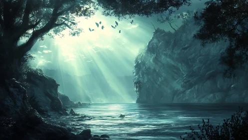 Digital painting of luminous forest cove with atmospheric depth.