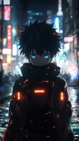 Neon lit anime youth with cybernetic coat in rainy alleyway