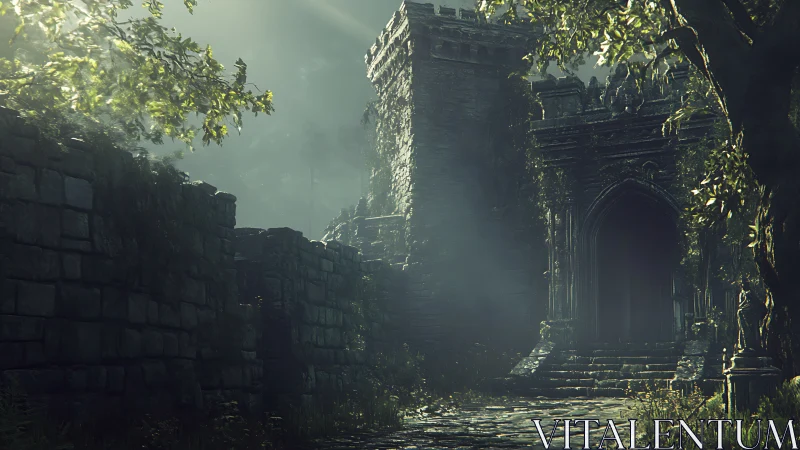 Ancient stone fortress gate shrouded in mossy forest light.