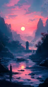 Solitary wanderer observes neon dusk over river valley