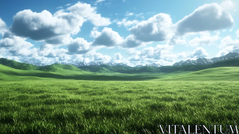 Wide green valley under bright sky and distant mountains.