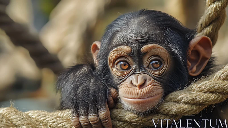 Baby chimpanzee rests on thick rope with soft golden light