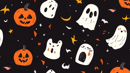 Playful ghosts and glowing pumpkins in cozy night sky.