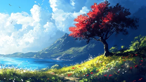 Solitary red tree above bright coastal bay under clouds.