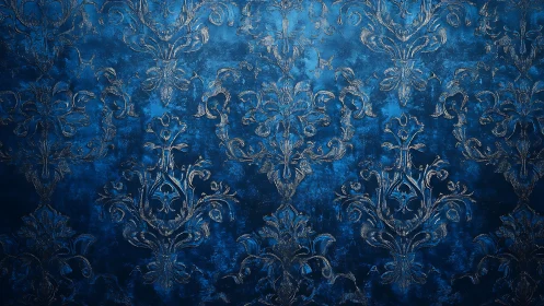 Baroque damask pattern on distressed cobalt blue ground.