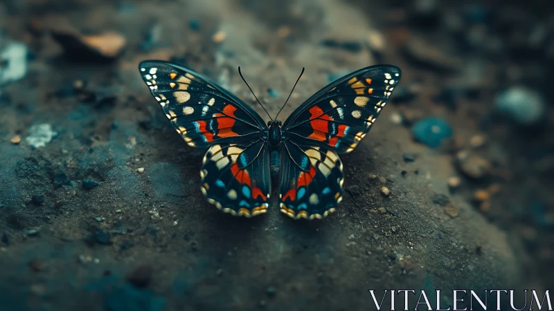 Graceful multicolored butterfly rests softly on earthy ground
