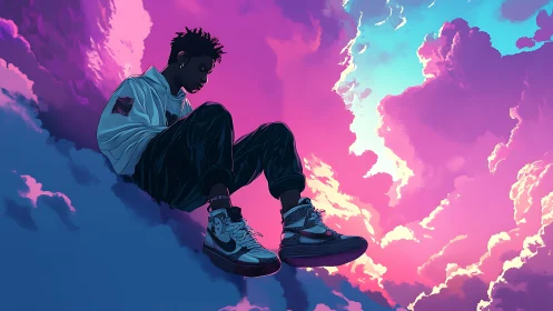 Cloudside dreamer kicks his sneakers through neon sky hush
