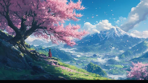 Digital landscape under cherry blossoms with distant alpine vista.