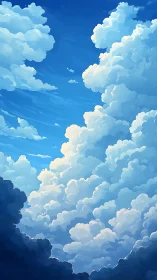 Towering stylized cumulus clouds against bright blue sky.