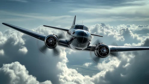 Sleek vintage airplane glides confidently through bright clouds