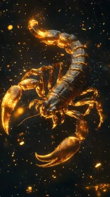 Glowing golden scorpion swirling through ember-lit darkness.
