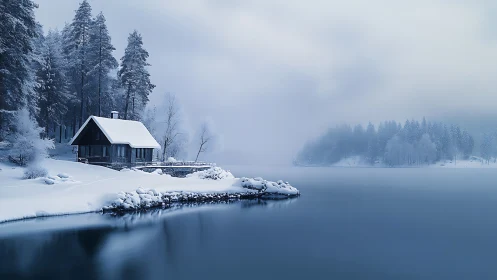 Snowbound lakeside cabin with foggy horizon and soft blue tonality