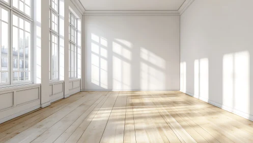 Sunlit empty interior with tall sash windows and pale wood floor
