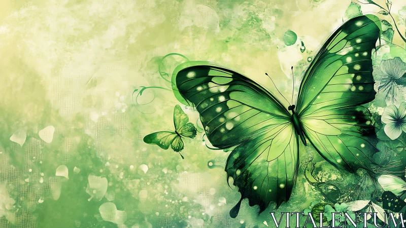 Iridescent green butterfly rendered in layered digital watercolor