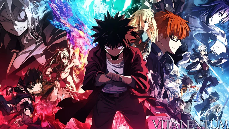 Element-warped anime heroes charge through fractured neon fate.