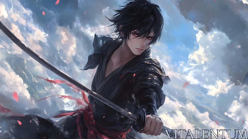 Dark-haired anime swordsman readies a strike in stormy sky.