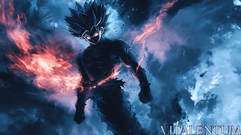 Fiery anime warrior walking through swirling stormlight.