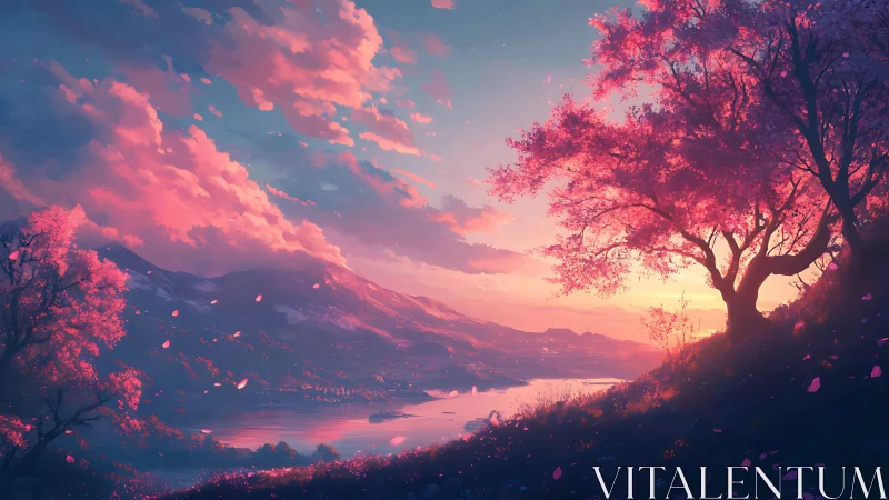 Gentle sunset over pink blossom trees by a quiet river.