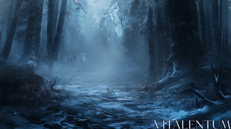 Winter Forest Stream With Mist And Coniferous Trees