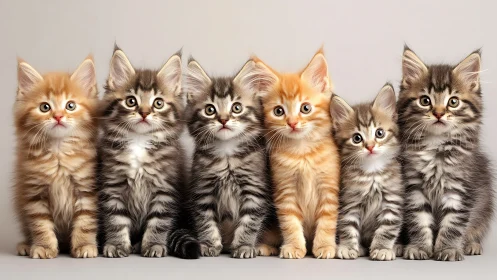 Six Maine Coon Kittens in Studio Portrait with Tabby and Ginger Colorations