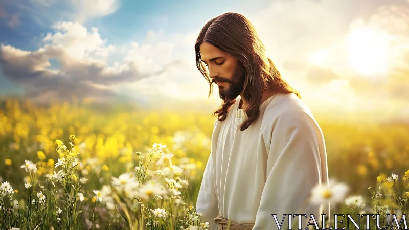 Contemplative robed figure in sunlit meadow rendered photorealistically