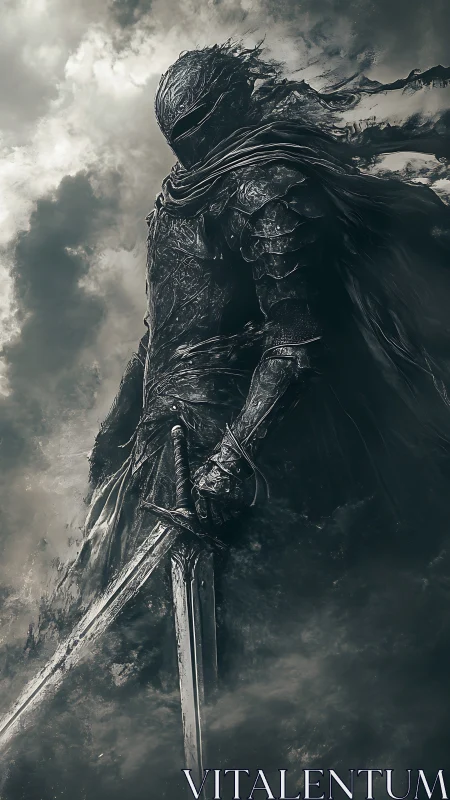 Armored figure stands with dual swords amid dense clouds