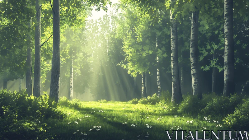 Sunlit Forest Glade with Lush Greenery in Photorealistic Style.