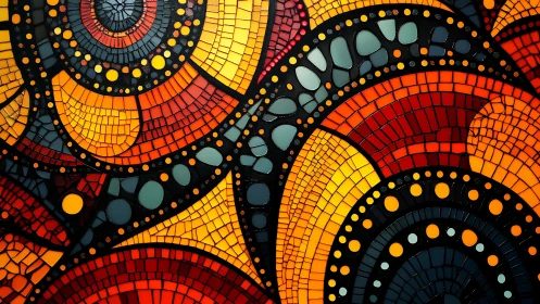 Radiant circular mosaic in cozy reds, golds, and blues.