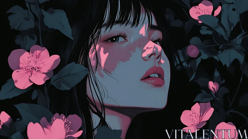 Nocturnal portrait with magenta blossoms and cinematic light.