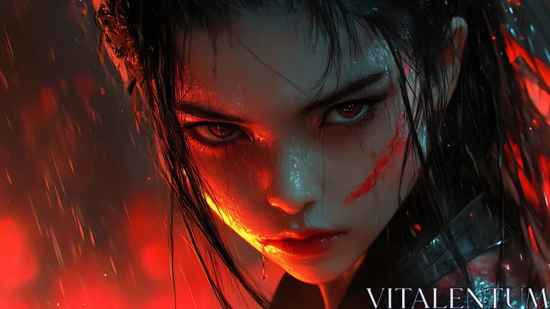 Cinematic digital portrait of fierce warrior under neon rain.