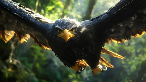Majestic eagle in flight through sunlit forest, hyper-realistic style.