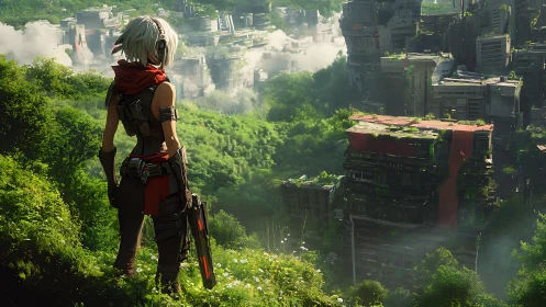 Rogue scout studies jungle-wrapped ruins of a drowned city