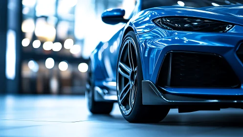 Blue lightning crouches low as showroom lights chase chrome