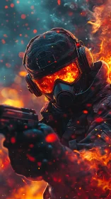 Armored soldier in flames with rifle and burning visor.