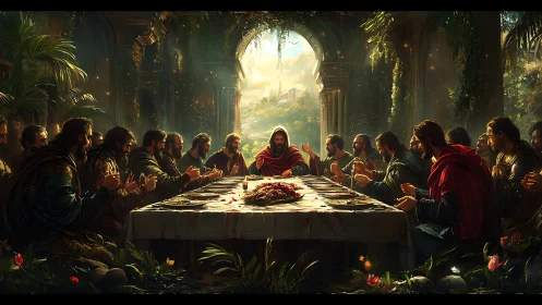 Lush architectural Last Supper with volumetric light and dense foliage