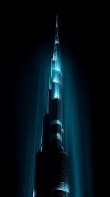 Futuristic glass skyscraper glowing against black sky.