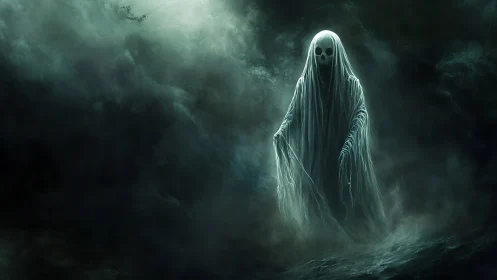 Shrouded skull wraith drifting through stormborn midnight mists.