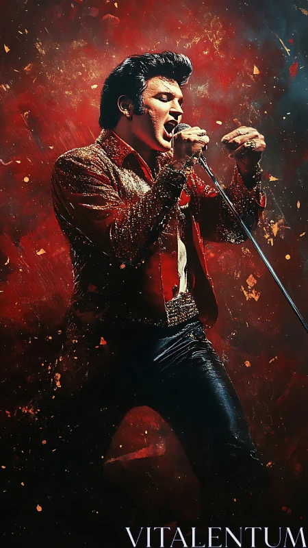 Digital portrait shows male singer performing at microphone