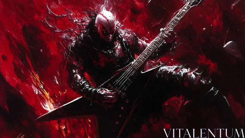Blazing metal guitarist unleashes power in a storm of red