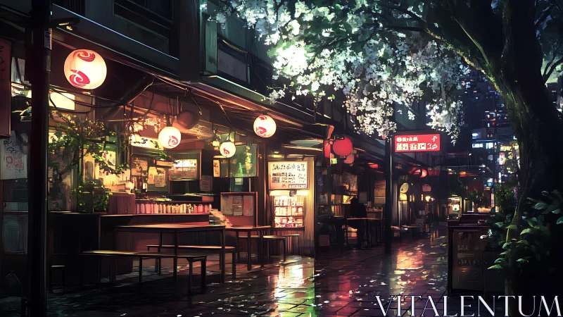 Nocturnal cherry blossoms above neon-lit alleyway cafés.