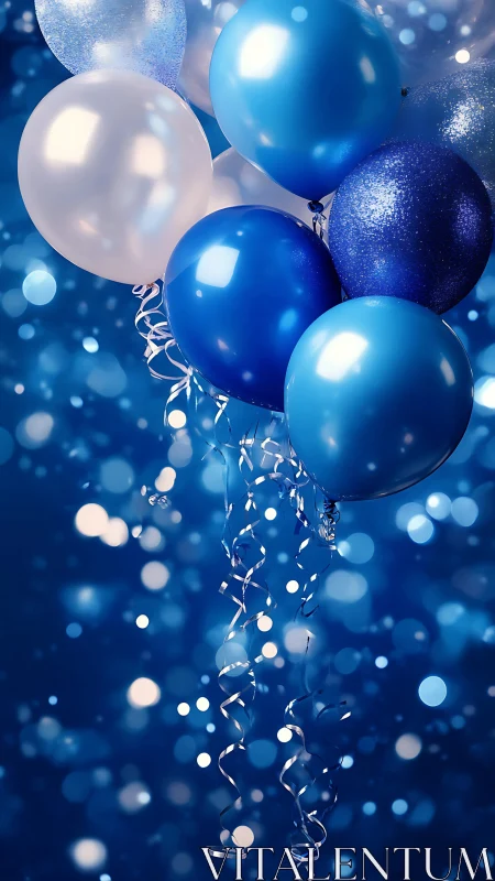 Blue and white balloons with metallic ribbons on bokeh background.