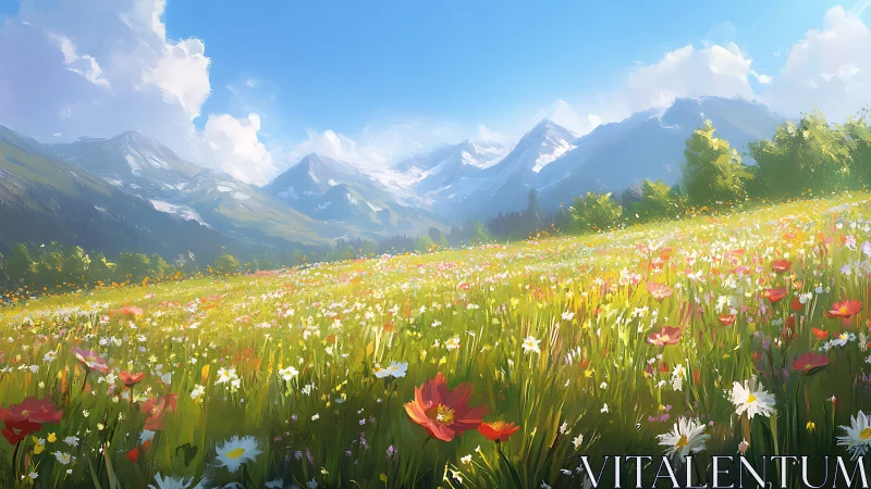 Wildflower meadow under bright alpine mountain sky.