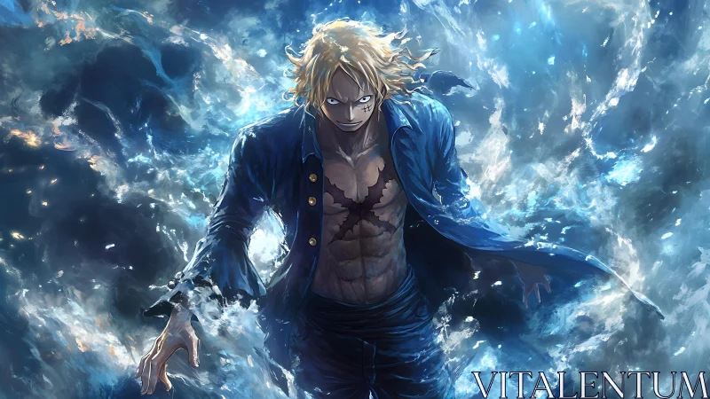 Stormlit warrior rising from swirling ocean light.